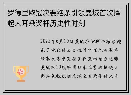 罗德里欧冠决赛绝杀引领曼城首次捧起大耳朵奖杯历史性时刻
